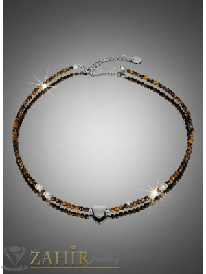 Талисман - ръчно изработено колие от малки 3 мм естествени камъни фасетирано кафяво тигрово око, стоманено сърце и накрайници - KA1149